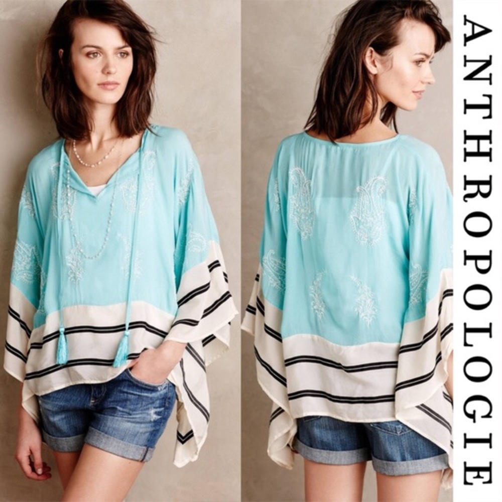 Anthropologie Aqua Blue and Cream Striped Embroidered Poncho Top